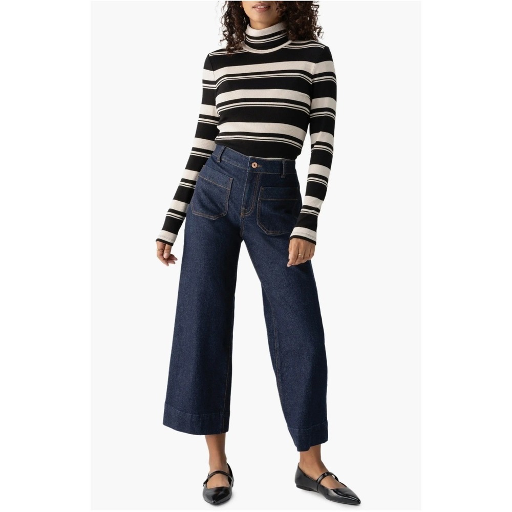Sanctuary Essential Stripe Turtleneck Black Beige Striped Ribbed Knit / Size M - Picture 2 of 9